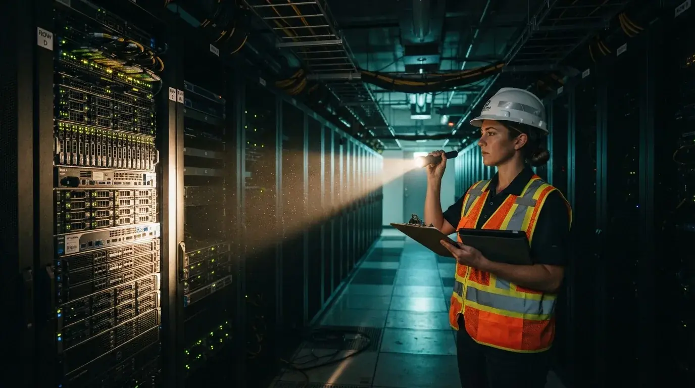 Inspektør med hjelm og lommelykt ved en rad av serverskap i et dunkelt datarom